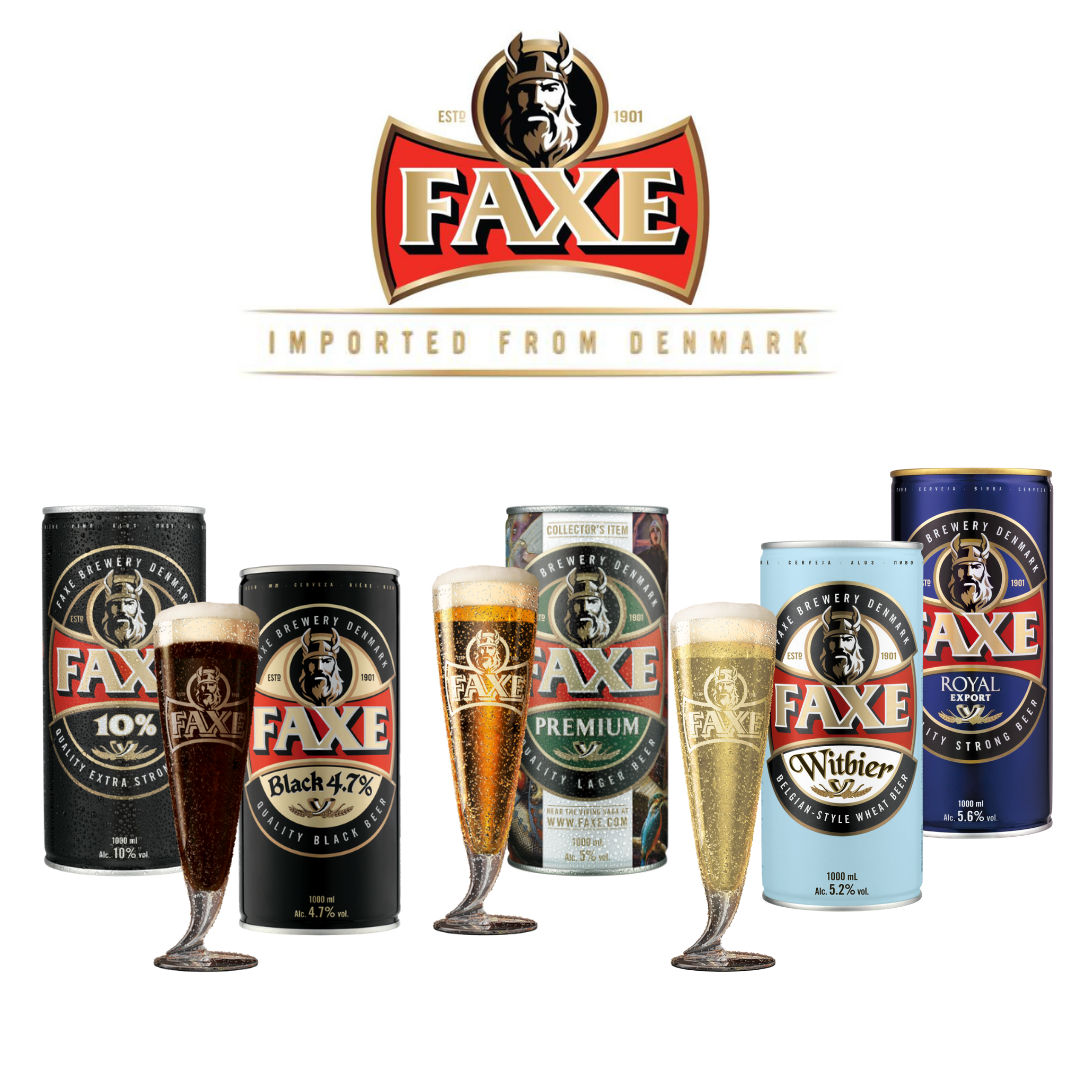 A collection of Faxe beers in cans and beer glasses