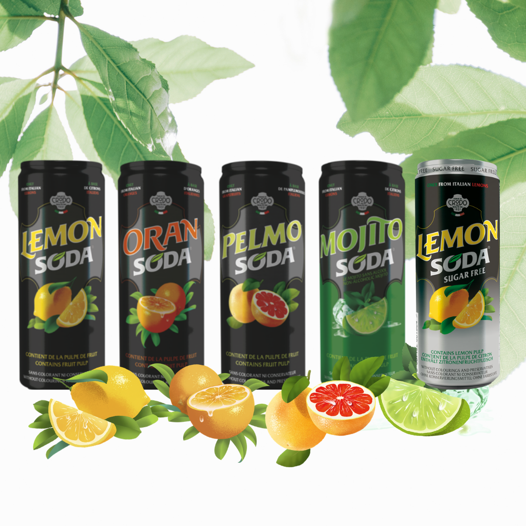 A collection of lemon soda cans